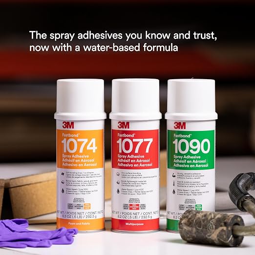 3M Fastbond Water-Based Multipurpose Spray Adhesive 1077, Low VOC <6%, Bonds Cardboard, Cork, Fiberglass Insulation, Wood, Neutral, Net Wt 8.2 oz, 1 Can