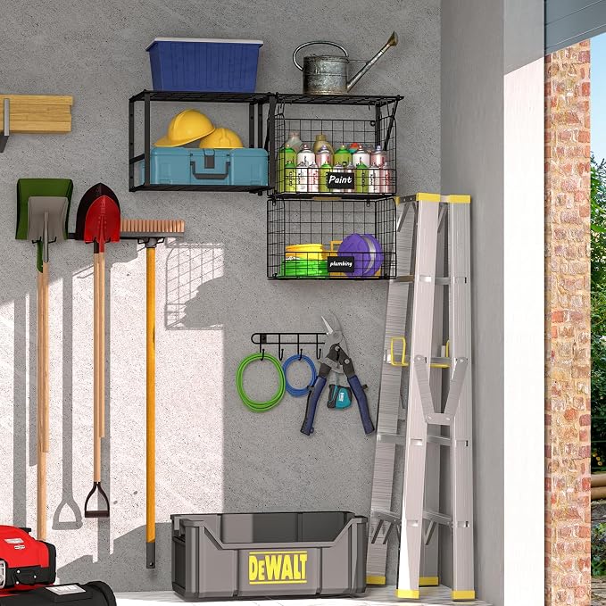 ThreeHio Garage Shelf Wall Mounted with Wire baskets, Heavy Duty Garage Wall Shelving with Garden Tool Rack and Hooks, Wire Shelf Baskets Tool Organizer for Home Garden Yard Organization and Storage