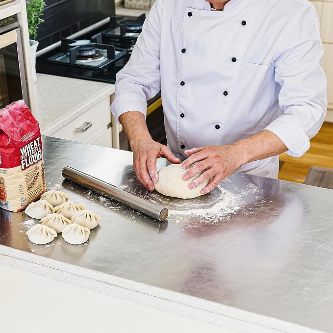 tonchean Extra Large 304 Stainless Steel Chopping Board with Lip, 35.4”x 22.8”Steel Cutting Board with Rolling Pin, Metal Noodle Board Pastry Board Kneading Dough Board for Kitchen Restaurant