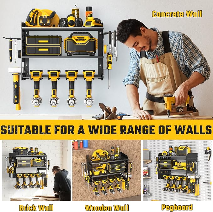 SUNALLY Power Tool Organizer, Heavy Duty Wall Mount Tool Organizer 3 Layers with 4 Drill Holders, Garage Tools Storage Rack with 2 Side Pegboards and Hooks for Workshop, Shed, Black