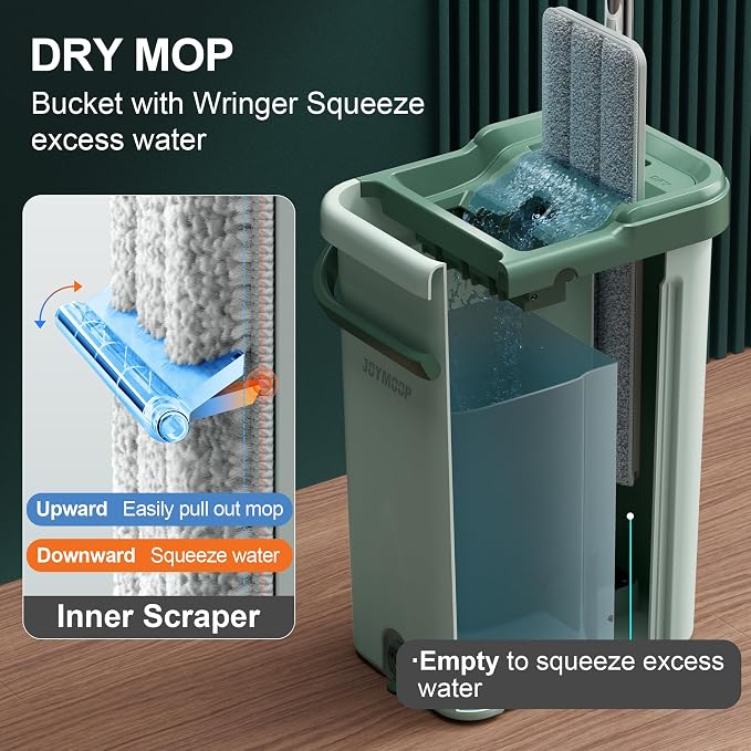JOYMOOP 8L Large Capacity Flat Mop System (Light Green) with Extension Handle, Ideal for Floor, Window, and Wall Cleaning - Includes 5 Washable Microfiber Pads for Wet and Dry Use