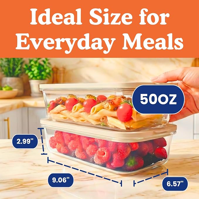 Non-Toxic Glass Food Containers with Lids, 2-Pack, 50 oz, Airtight, Beige | Plastic & BPA free. Glass body, glass lid & platinum silicone seal. Airtight & leakproof. Freezer & microwave safe.