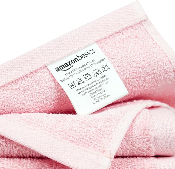 Amazon Basics Highly Absorbent, Fast Drying 100% Cotton Washcloths for Bathroom and Face, 12 x 12 inches, Petal Pink, 24-Pack