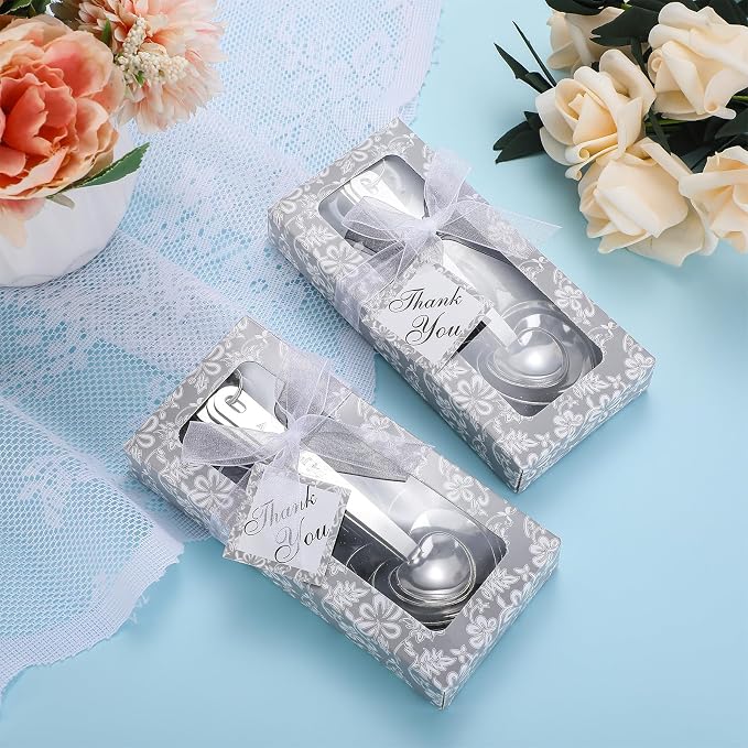 Yinder 50 Sets Heart Measuring Spoons Wedding Favors for Guests with Gift Box and Thank You Card, Bridal Shower Favors Bulk, Kitchen Measuring Spoon Gift Set for Party Souvenirs(Silver)