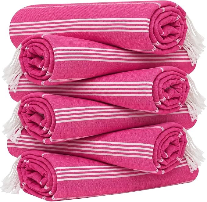 HAVLULAND Turkish Beach Towel Set of 6 Oversized 72x40 100% Turkish Cotton | Soft Hammam Peshtemal, Sand Free, Quick-Dry, Absorbent Bath Towel, Lightweight & Compact for Travel, Pool, Gym, Spa - Fuchsia