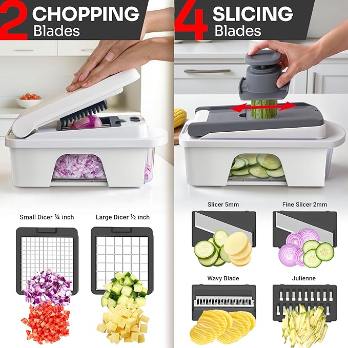 Mueller Pro-Series All-in-One, 12 Blade Mandoline Slicer for Kitchen, Food Chopper, Vegetable Slicer and Spiralizer, Cutter, Dicer, Grater, Kitchen Gadgets Sets with Container, White Sand/Gray