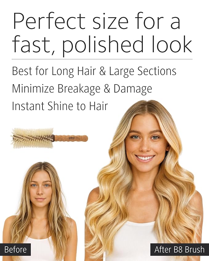 Ibiza Hair Boar Bristle Large Round Brush (B8-70mm) | Blonde Bristles + Cork Handle | Ideal for Fine or Curly Hair | Creates Shiny Irregular Curls
