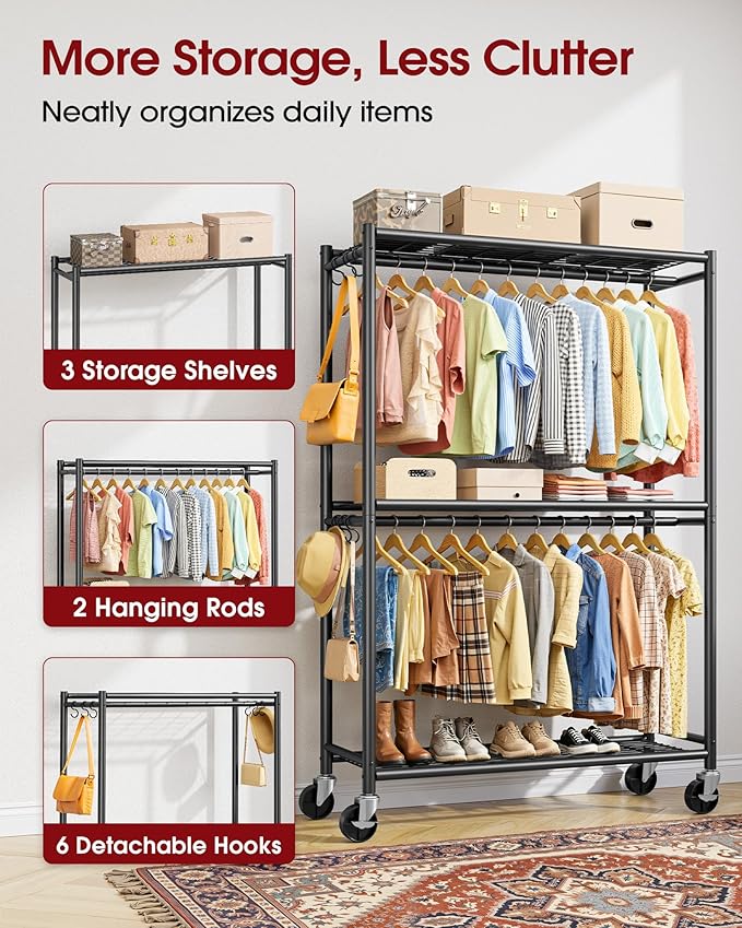 Sakugi Clothes Rack - Double Hanging Rod Clothing Rack with Wheels & Leveling Feet, Large Capacity Wardrobe Closet with Shelves for Bedroom, Laundry Room, Entryway, 45.2" x 12.6" x 80.7", Black