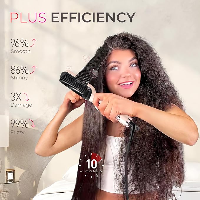 TYMO Ring Plus Ionic Hair Straightener Brush - Straightening Comb with Negative Ions for Women, Titanium Coating, 9 Temp Settings & LED Display, Dual Voltage, Professional Styling Tools, Gold Blush