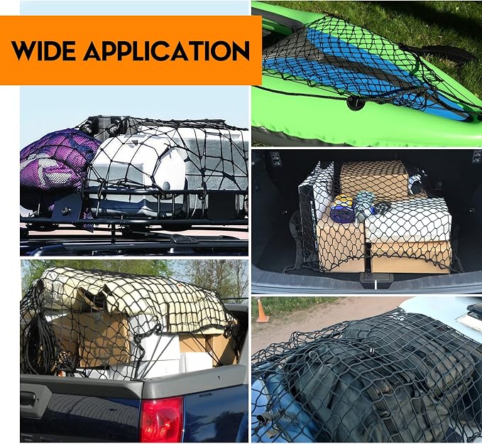 7' x 5' Heavy Duty Bungee Cord Cargo Net Stretches to 14' x 10'-Latex Truck Bed Mesh with 12Pcs Free Adjustable Hooks for Secure Carrying on Roof Luggage Rack,Cargo Carrier and Pickup Truck Bed