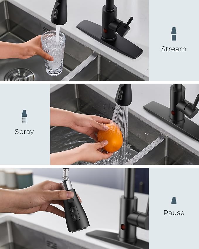 FORIOUS Black Touchless Kitchen Faucet with Soap Dispenser, Hands-Free, Smart Motion Sensor, Contemporary Bar Sink Faucet with Pull Down Sprayer for Farmhouse RV Camper