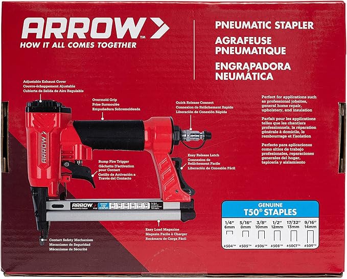 Arrow PT50 Oil-Free Pneumatic Staple Gun,Professional Heavy-Duty Stapler for Wood,Upholstery,Carpet,Wire Fencing,Fits 1/4”,5/16”,3/8",1/2",9/16” Staples,Red,(Pack of 3)
