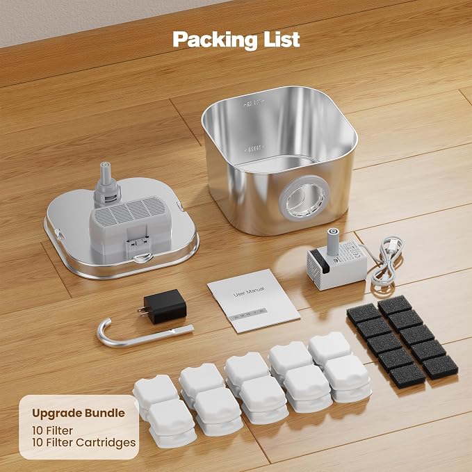 Cat Water Fountain Stainless Steel: Pet Fountains with 10 Filters + 10 Sponges 2.2L Cats Automatic Waterer Bowls for Drinking Small Dog Water Dispenser Indoor HOOISE Metal Kitty Watering Silent