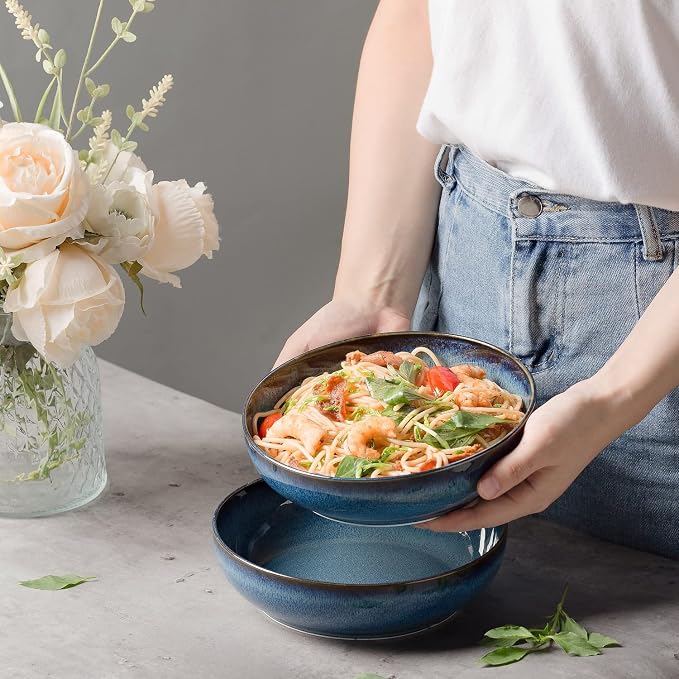 30oz Ceramic bowls set of 4-8" serving bowls for Kitchen,Pasta,Salad-Dishwasher & Microwave Safe Perfect for Housewarming, Thanksgiving, Christmas-Royal Blue