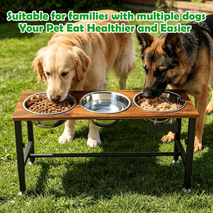 SHAINFUN Adjustable Height Elevated Dog Bowl Stand for Large & Extra Large Dogs – Wooden Raised Dog Bowls with Three 101oz Stainless Steel Bowls & Mat, Stainless Steel Food & Water Station