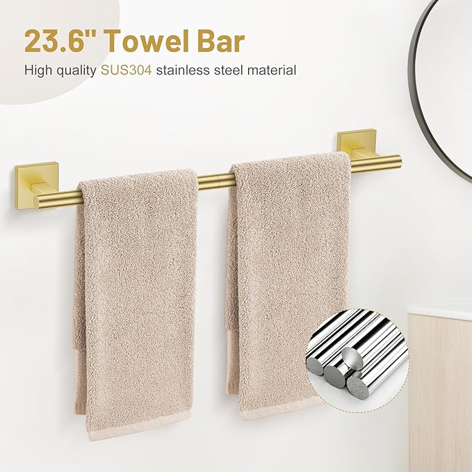 Lairuier 5 Pieces Bathroom Hardware Set Brushed Gold Towel Bar Set Includes 23.6” Towel Bar, Towel Ring Holder, Toilet Paper Holder and Two Towel Hooks, Bathroom Accessories Set SUS304 Wall Mounted