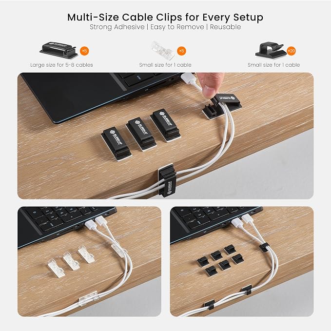 EUREKA ERGONOMIC Metal 316 PCS Cable Management Organizer Kit Cable Raceways, 6 Cable Holder, 4 Cord Sleeve, 60 Wire Clips, 2 Roll Self Adhesive Wire Ties, 100 Zip Ties Under PC Desk, Black