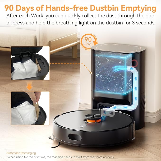 Robot Vacuum and Mop Combo, 90-Day Self-Emptying, 10,000 Pa Suction, with dToF & Laser Navigation & Smart Mapping, Anti-Tangle, 160-Min Runtime, Ideal for Hard Floors, Pet Hair & Carpets