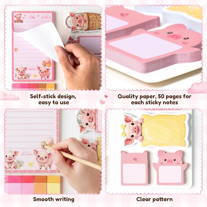 Xqumoi I Just Really Like Piggy Sticky Notes Set - 550 Sheets Cute Little Pig Pink Self-Stick Note Pads Floral Animal Divider Tabs Bundle Writing Memo Pad Back to School Office Supplies Small Gift