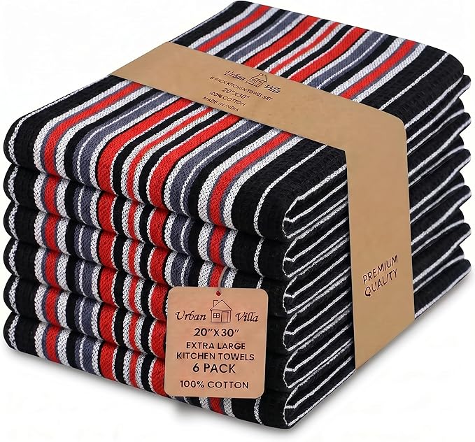 Urban Villa Kitchen Towels Cotton Dish Towels 20”x30” (Set of 6) Black