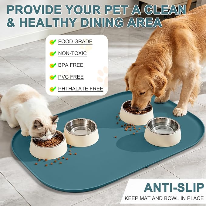 SMILOOL Waterproof Silicone Pet Food Mat with Raised Edge for Dog & Cat | 36" x 24" Non-Slip Large Pet Feeding Mats with Lip for Food & Water Bowl, Food Grade, Easy Cleaning, Salte Blue