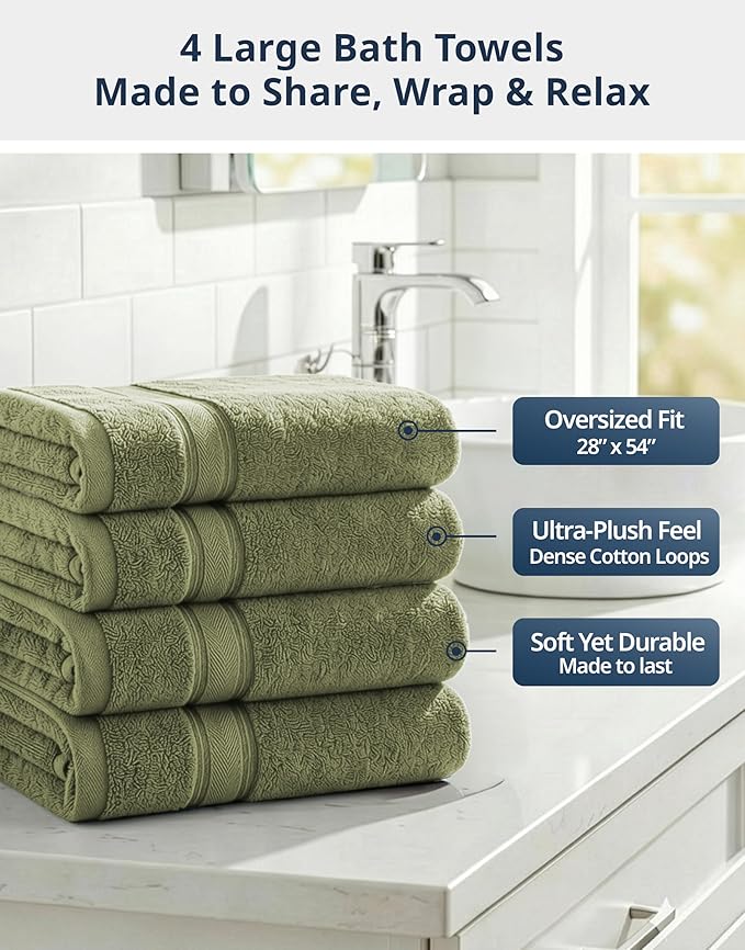 Lane Linen 100% Cotton 4 Pack Bath Towels (28"x54") - Zero Twist, Mercerized Cotton Bathroom Towels Set - Quick Dry, Very Soft & Absorbent Large Bath Towels - Tumble Dry Regains Fluffiness - Oil Green