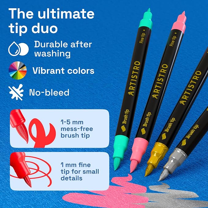 ARTISTRO 48 Dual-Tip Fabric Markers Decorating Kit, Permanent for Clothes | Brush & Fine Tip, Acrylic Paint Pens for Sneakers, Bags, Shoes, Textiles, Canvas, Sewing, Craft, & DIY