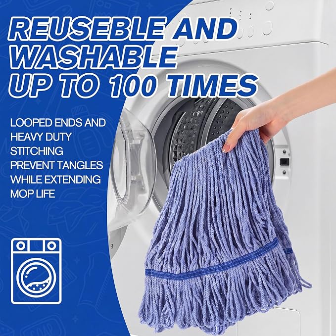 Eccliy 3 Pack Commercial Mop Heads Replacement Heavy Duty 18 oz Loop End Cotton String Wet Mop Refills Washable Absorbent Reusable for Industrial Home Tile Wood Concrete Floor (Blue)