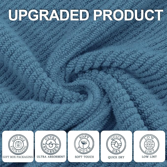 VOOVA & MOVAS 6PC Towel Set, 100% Cotton, Denim Blue | 2 Large Bath 30x56 In, 2 Hand 18x28 In, 2 Wash Cloths 13x13 In, Soft, Quick Dry, Thick, Towel Gift
