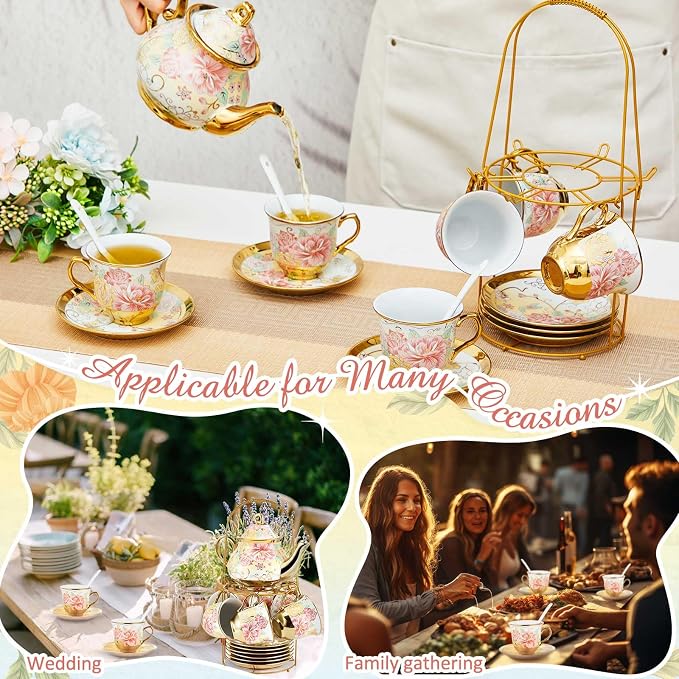 Zhehao 20 Pcs Porcelain Tea Set with Metal Holder and Spoon Adult Ceramic Tea Set European Flower Painting Teapot Cup Saucer Spoon for Women Mom Gift, Large Version (Gorgeous Style)