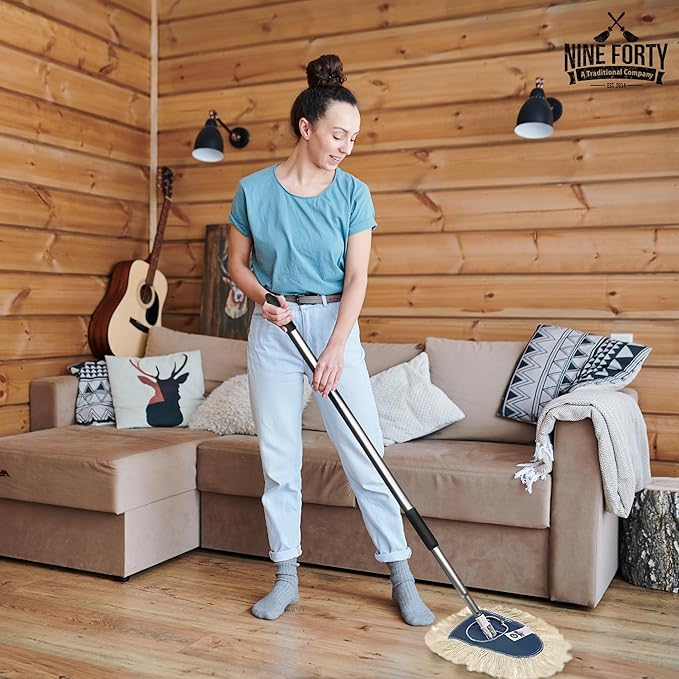 Nine Forty Heavy Duty, Industrial-Strength Cotton Wedge Dust Mop Head w/ Handle - Home & Commercial Hardwood Floor Cleaning - Designed for High-Performance Janitorial & Housekeeping Tasks