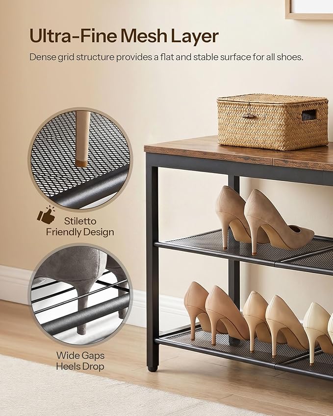 HOOBRO Shoe Bench, 3-Tier Shoe Rack, Industrial Shoe Organizer Storage Bench, 29.5 inches Entry Bench with Mesh Shelves, for Entryway, Living Room, Hallway, Easy Assembly, Rustic Brown BF75HX01