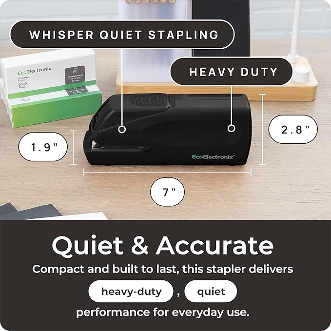 EcoElectronix Portable Automatic Electric Stapler Pro - 30 Sheet Capacity, Quiet Operation, Jam-Free and Easy Reload - AC Adapter/Battery Powered, (Black)