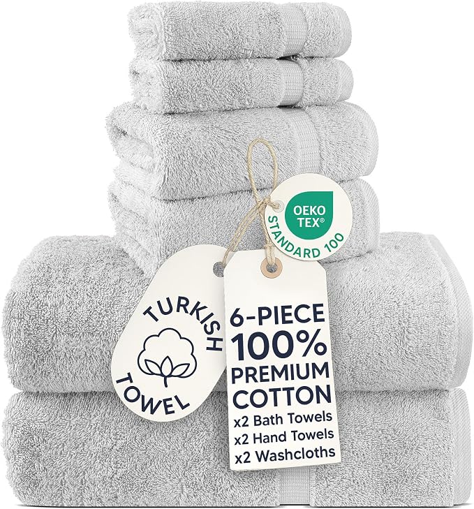 Chakir Turkish Linens 6 Piece Towel Set, 100% Cotton Turkish Towels for Bathroom, Luxury Soft Absorbent Bath Towel Set with 2 Bath Towels 2 Hand Towels 2 Washcloths, Silver Gray