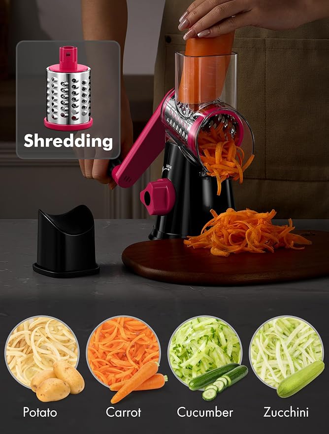 Cheese Grater Rotary, Rotary Grater for Kitchen, Kitchen Vegetable Slicer with 3 Drum Blades, Fast Cutting Cheese Shredder for Vegetables and Nuts (Black+Rosy, 3 BLADES)