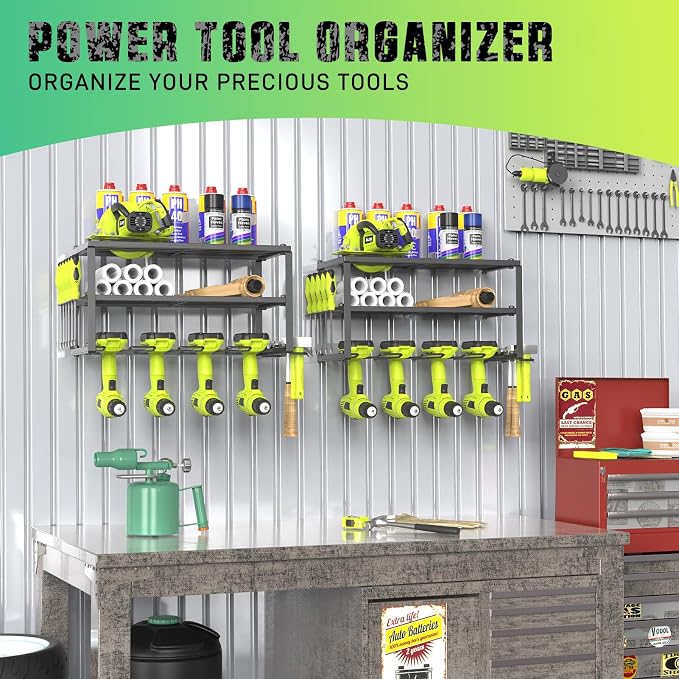 SUNALLY 3-Tier Heavy Duty Steel Power Tool Organizer, Matte Black, 3 Layers Tool Rack Cordless Drill, Floating Shelf Wall Mounted, 4 Drill Holders