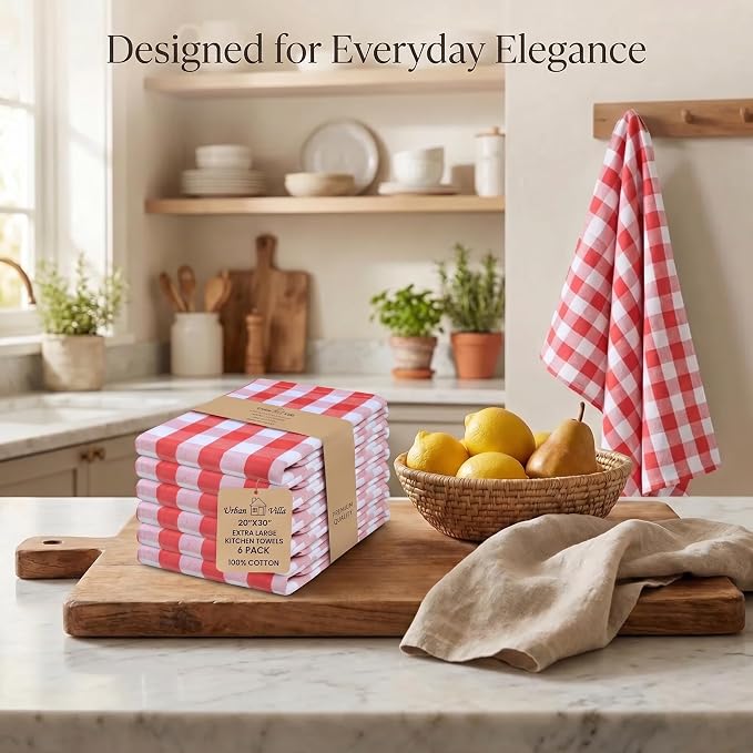 Urban Villa Kitchen Towels 100% Cotton Dish Towels for Kitchen (Set of 6) 20”x30” Dish Cloths Highly Absorbent Kitchen Linen Set with Hanging Loop Perfect for Drying Dishes Cleaning – Red White