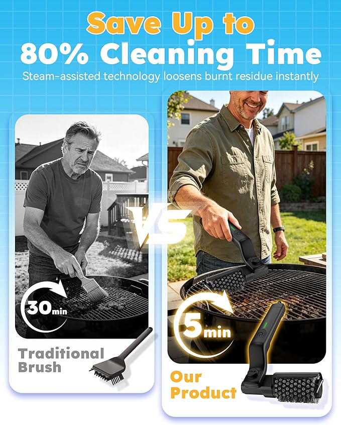 Electric Grill Brush,Removes Burnt Grease in 5 Minutes,Cordless BBQ Grill Cleaner with 3-Speed High Torque Motor,Rotatable Brush Head,150 Min Runtime,Waterproof,for All Materials(1, Grill Brush)