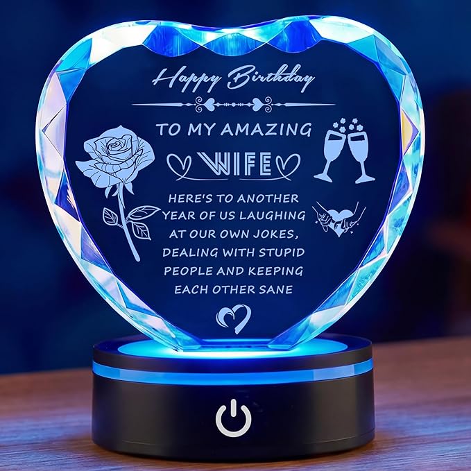 Birthday Gifts for Wife, Romantic Heart Shaped Crystal Night Light with LED Base, Wife Birthday Gift from Husband, Crystal Style Keepsake Plaque, Anniversary Valentine Christmas Gift for Her