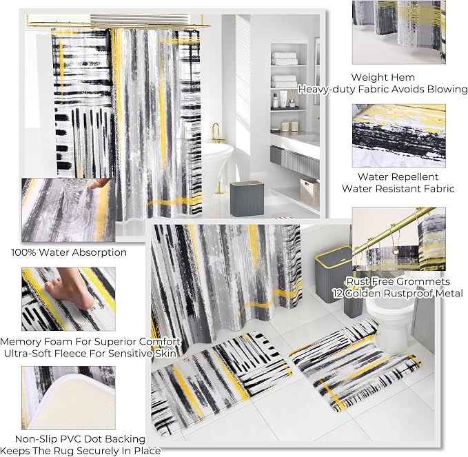 Bathroom Set - Bathroom Accessory Set, Grey Bathroom Set, 26PC Bathroom Sets with Shower Curtain and Rugs, Toilet Brush, Trash Can, Qtip Holder & Bathroom Soap Dispenser Set