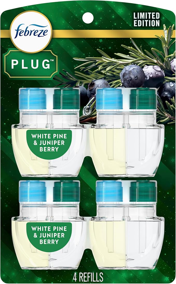 Febreze Plug in Air Freshener, Odor-Fighting Scented Oil Refill, for Home, Bathroom, & Kitchen, Long Lasting, Limited Edition Holiday Winter Pine and Juniper Berry Scent, 0.87oz Refills, 4 Count