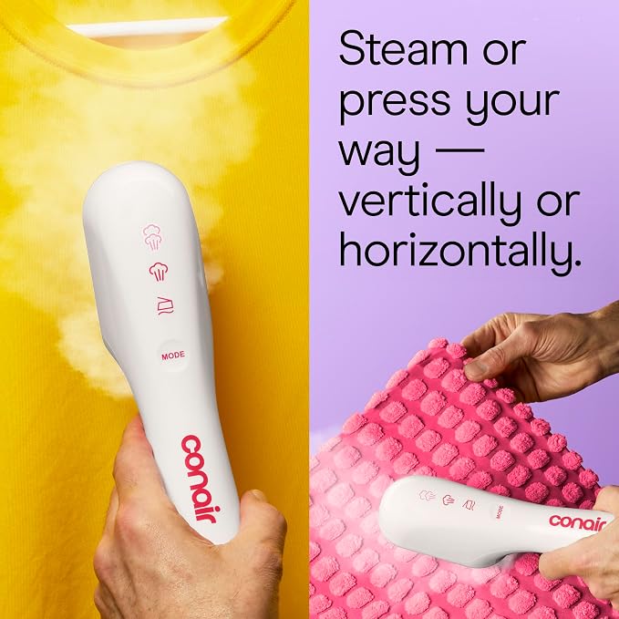 Conair 2-in-1 Steam & Iron Garment Wand, Portable Handheld Fabric Steamer with Ceramic Soleplate, 25-Second Heat-Up, 12-Minute Steam Time, Butter/Berry, GS47BB