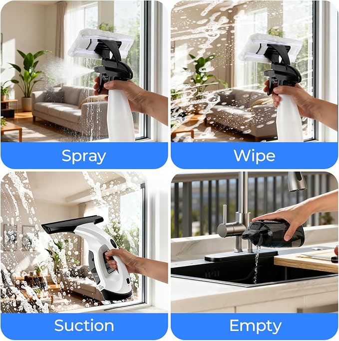 Window Vacuum Squeegee Cordless, Electric Window Cleaner Squeegee with 2000Pa Suction, 280mm Wide Blade, 150ml Tank for Shower Glass, Mirrors, Tiles & Car Windows