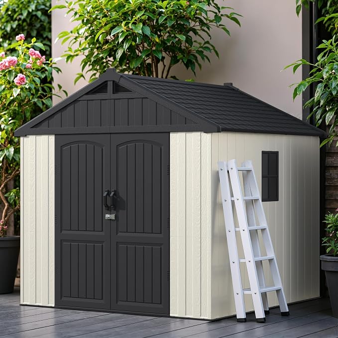Greesum 8x8FT Plastic Shed, Easy-to-Assemble Resin Shed for Yard, Beige | 35% Fewer Screws for Fast Setup | Eco-Friendly HDPE | Kick-it Easy Assembly | Lockable Door with Adjustable Windows