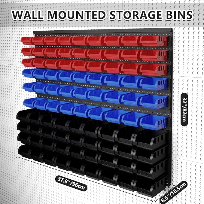 90Pcs Plastic Wall Mounted Storage Bins Parts Rack Nuts And Bolt Bins Organizer For Shop Garage for Screws, Nuts, Bolts, Nails, Beads, and Small Hardware Parts,Red,Blue,Black