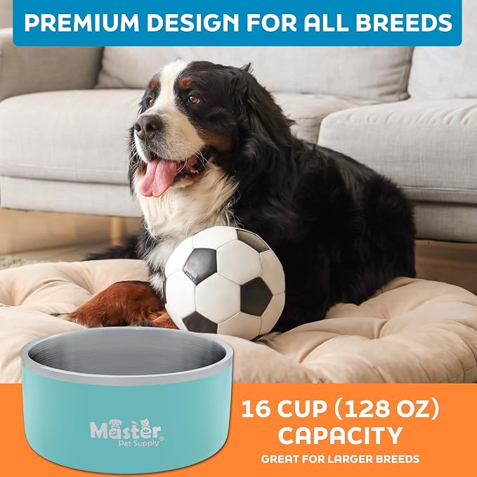 Master Pet Supply Stainless Steel Dog Bowls - 128 oz, Heavy Duty - Aqua Sky, Double Wall Extra-Thick Insulated, Non-Slip Pet Water Bowl for Dogs, Cats & Pets, Anti Rust Metal, Dish Washer Safe