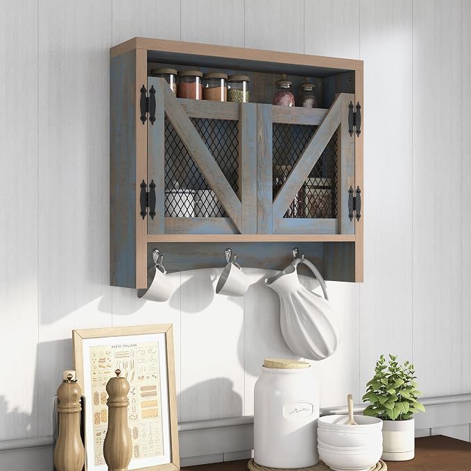 UNA Farmhouse 2 Shelves Wood Wall Cabinet with Net Doors for Bathroom, Kitchen, Living Room, Bedroom, Home Office, Laundry Room, Distressed Blue