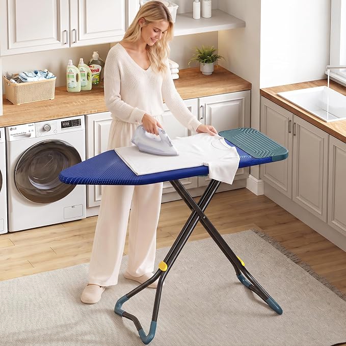 KINGBOARD 18x47 Extra Wide Ironing Board with Silicon Iron Mat, Blue | 18x47 Large Stand Ironing Board with Heat Resistant Cover, 4 Adjustable Heights Heavy Duty Leg 28" - 35" for Laundry Room