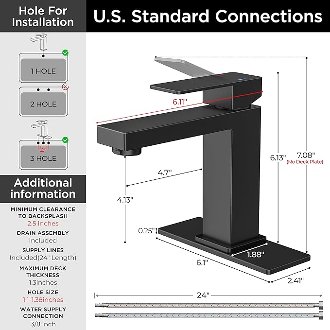 FORIOUS Bathroom Faucets, Single Hole Black Bathroom Faucet with Pop-up Drain, Lead-Free, Single Handle Faucet for Sink, Vanity, RV, Lavatory, Suitable for 1 or 3 Holes