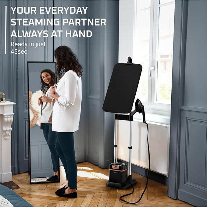 Rowenta IXEO Steamer for Clothes with Ironing Board 65 Inches 45 Second Heatup, 1 Liter Capacity 1500 Watts Ironing, Portable, Fabric Steamer, Garment Steamer, Adjustable QR1410,Black